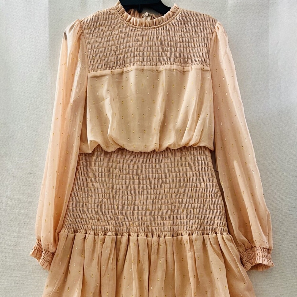 NWT AQUA by Bloomingdales Ruffle Peach Long sleeve smocked Mini Dress, Large